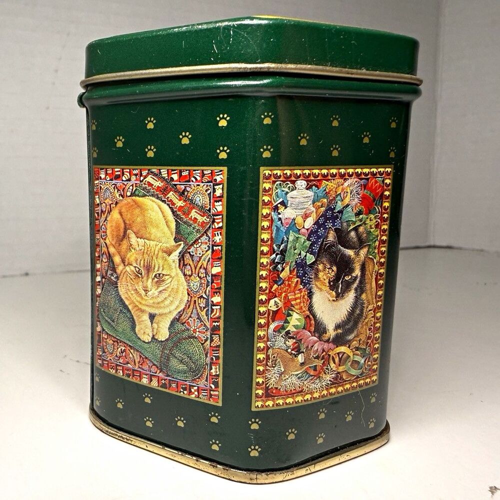 Vintage Enesco Cats Tin Lesley Anne Ivory 1990 Green Octagon Holiday Decor
